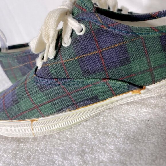 Vintage Hanes Her Way Green Blue Plaid Canvas Lace Up Sneakers 8 - Picture 8 of 11